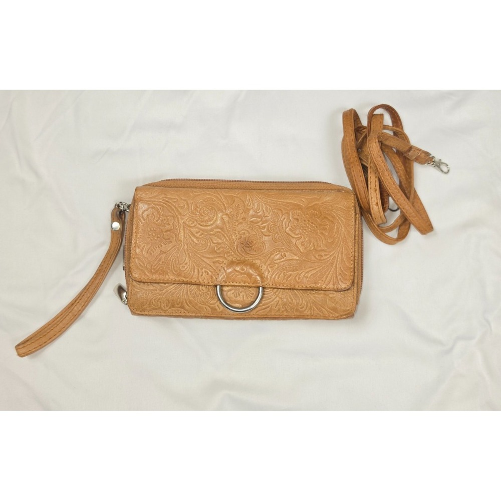 Bueno Genuine Leather Crossbody Wallet Tan Embossed Floral Western Wristlet